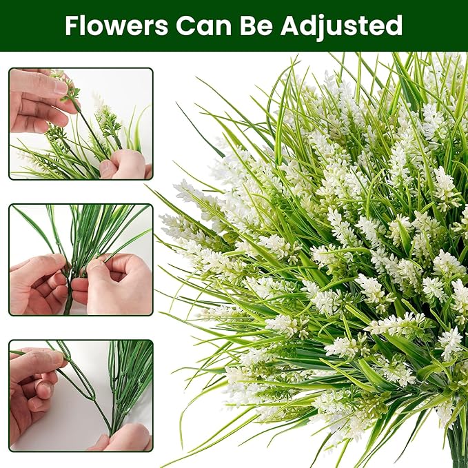 20 Bundles Artificial Plants Outdoor, UV Resistant Fake Flowers， Realistic Faux Lavender Shrubs for Porch Garden Window Box Home Decoration (White)