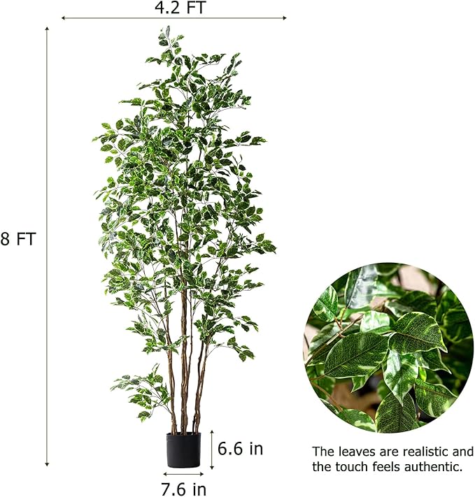 Bailikang Artificial Ficus Tree Indoor 8ft, Large Potted Faux Tree with Realistic Silk Leaves & Trunk for Home Office, Living Room Corner Decor