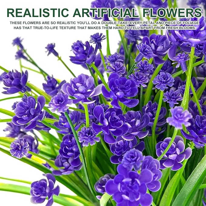 TURNMEON 20 Bundles Artificial Flowers for Outdoors, Spring Grass Camellia Fake Flowers Plastic Plants, UV Resistant No Fade Faux Greenery for Gardens Porch Summer Cemetery Decor 500 Heads(Purple)