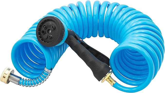 AUTOMAN EVA Recoil Garden Hose 25ft - Includes 7 Pattern Spray Nozzle,Curly Water Hose 25 Foot,Watering Hose Coil,Retractable,Corrosion Resistant Garden Coil Hose.Blue