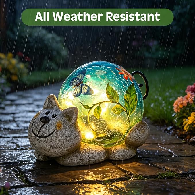 Afirst Solar Garden Statues Outdoor Figurines - Cat Lawn Ornament with Solar Lights Cracked Glass Outdoor Decor for Patio Yard Decorations