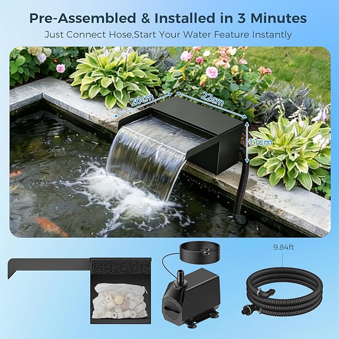 Biling Pond Waterfall Spillway Kit, 8” Waterfall Box with 660 GPH Powerful Pump, Triple Filtration System (Ceramic Rings & Sponge), Complete DIY Water Feature Kit for Garden Ponds, Streams and Patio
