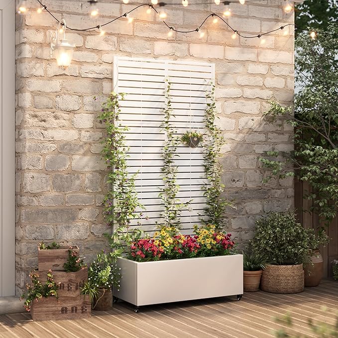 Metal Planter Box with Trellis,72"x35"x15",Galvanized Raised Garden Bed Trellis Outdoor Planter with Privacy Screen & Wheels and Drainage Holes,for Patio Climbing Vegetables,Flowers,Vines,White