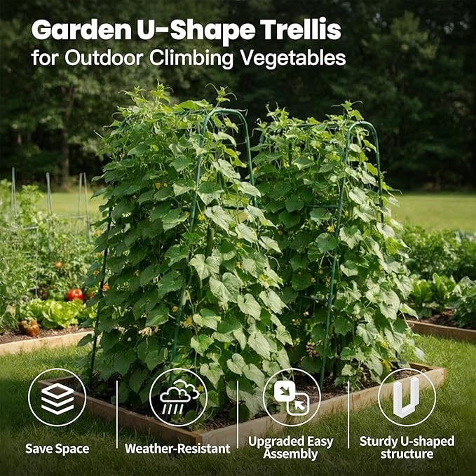 Cucumber Trellis for Raised Bed, Garden Trellis for Climbing Plants Outdoor, Metal Arch Trellis U-Shape Vegetables Support for Tomotoes Grape Vines Beans Peas (Green, 15.7" L x 24" W x 48" H)