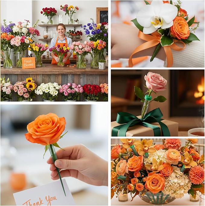 25 Pcs Floral Water Tubes for Flowers, 5.7 Inch Plastic Flower Supplies for Fresh Floral, Single Flower Water Tube Green Flowers Stem Tubes with Caps for Plant, Bouquet Accessories