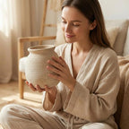 Rustic Terracotta Pot, 7 Inch Short Farmhouse Vase with Weathered Texture Vintage-White, Boho Home Decor for Pampas Grass, Tabletop, Mantel and Shelf Styling
