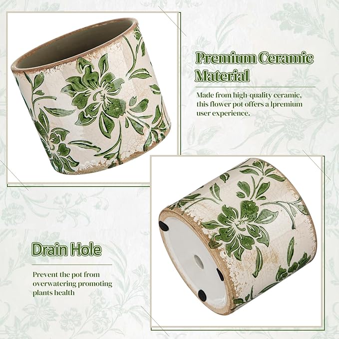 Potchen Indoor Ceramic Plant Pots with Drainage Hole 5 Inch Chinese Glaze Ice Crack Flower Pot Vintage Succulent Pots Porcelain Decorative Planter for Plants Herb Home Decor(Green,Leaves Style)