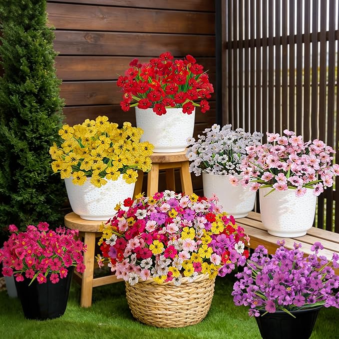 Uieke Artificial Flowers for Outdoors, 72 Bundles UV Resistant Faux Flowers No Fade Fake Plastic Plants for Outside Indoor Home Garden Porch Wedding Spring Summer Decor(Mix Color)