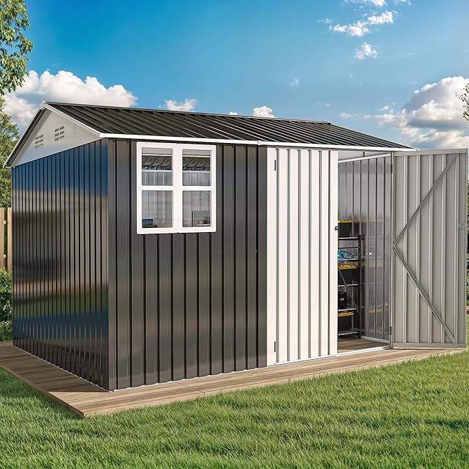 DWVO 10x8ft Large Tool Storage Shed with Window, Lockable Doors, and Sloped Roof, Oversized Steel Outdoor Storage Shed for Garden, Patio, Garage, Backyard, Lawn - Gray & White