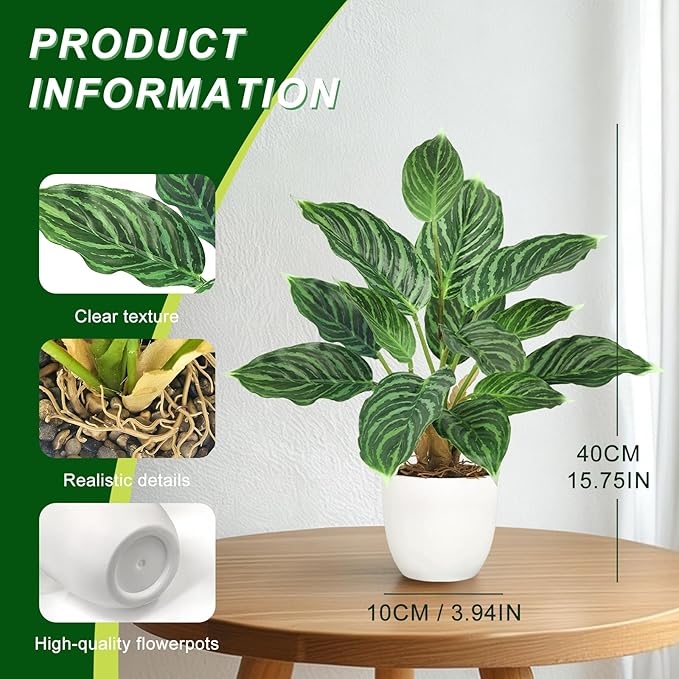 2 Pack Artificial Potted Plants, 16" Fake Plants Indoor in White Pots for Home Bathroom, Office Desk, Shelf - Realistic Faux Greenery Desk for Living Room, Kitchen, Farmhouse Decor