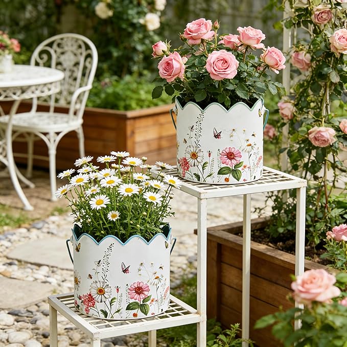 3-Piece Vintage Floral Metal Bucket Set, Scalloped Edge Multi-Size Planters for Flowers & Easter Egg Containers, Rustic Garden & Home Decor with Reinforced Metal Handles, Indoor & Covered Outdoor Use