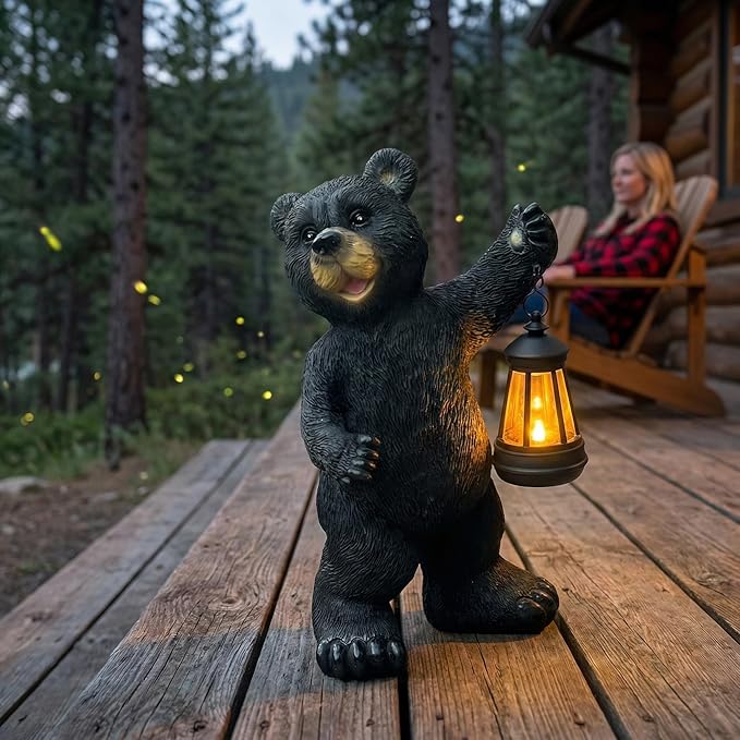 Solar Black Bear Garden Statue - 14" Resin Figurine with Solar LED Lantern, Auto On/Off Waterproof Decor, Dual Use Indoor Outdoor Light for Patio Yard Porch