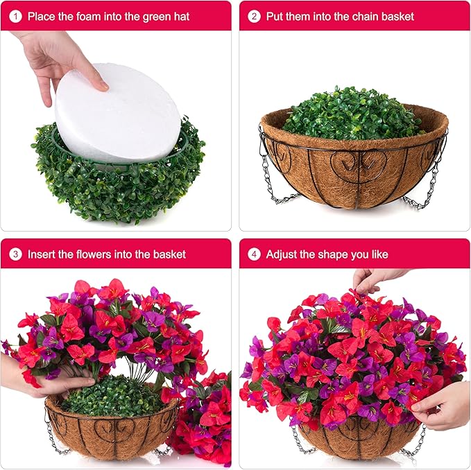 Artificial Hanging Flowers Plant with Basket for Outdoors Spring Decor, Fake Hanging Plants Silk Bougainvillea in Planter Look Real UV Resistant Faux Flower for Outside Porch Patio Garden Home, Mix