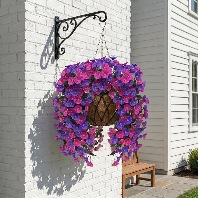 Artificial Flowers for Outdoors Fake Fuchsia Purple Morning Glory Hanging Flower Decoration, 2Pcs Realistic Faux Plants Petunias Long Trailing Vines,Spring Decor for Porch Patio Balcony Planter Yard
