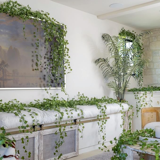 CQURE 16 Pack 105Ft Artificial Ivy Fake Vines,Ivy Garland Greenery Garland Fake Hanging Plants Vines Green Leaves for Bedroom Wedding Garden Wall Room Decor