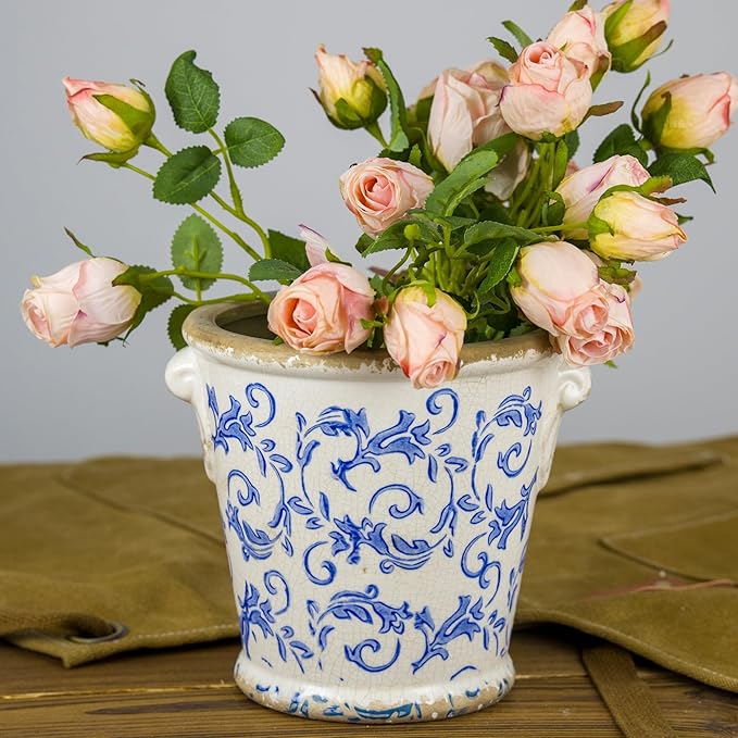 Dosayes Vintage Ceramic Flower Pot with Drainage Holes and Handle,Ice Crack Country Rustic Planters for Indoor Outdoor,Tuscan Decor,Home and Garden Decor,Gardening Present