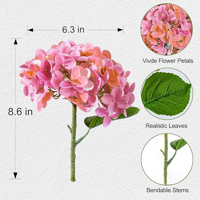 Artificial Hydrangea Flowers Arrangement in Wood Planter, 4PCS Fake Pink Flowers in Wooden Vase Potted Floral Centerpieces for Tables Living Room Home Office Room Shelf Kitchen Decor