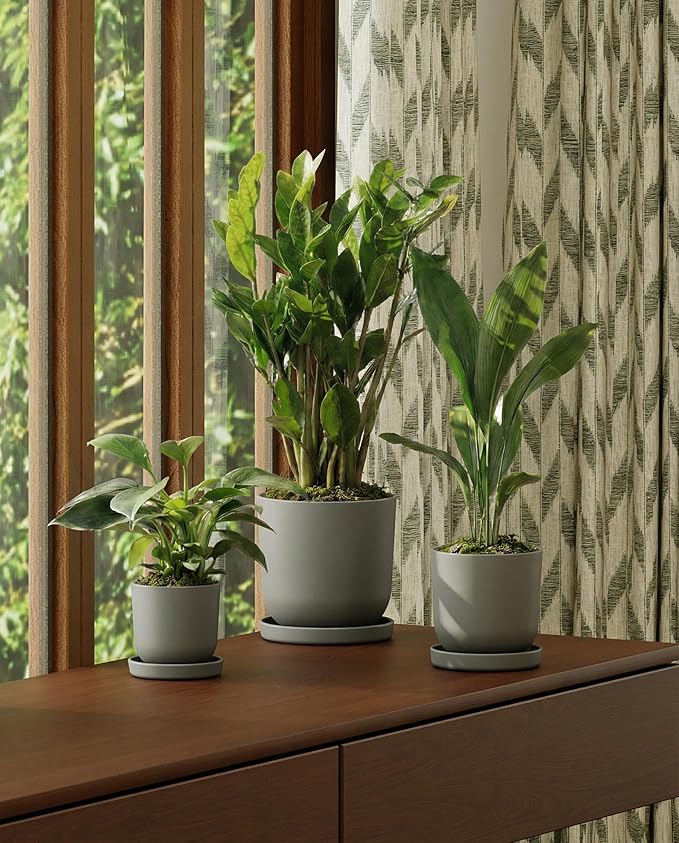 Bamworld Plant Pots Planters for Indoor Plants Flower Pots with Drainage Holes 5/6/7.5 Inch Set of 3 Plastic Planters for Outdoor Plants Garden Pots for Office Room Home Decor Gray