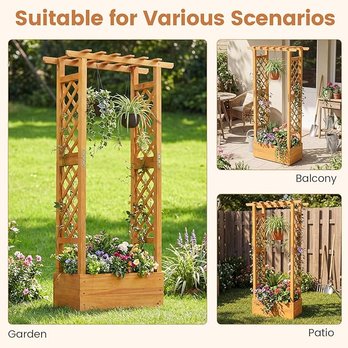 Happygrill 60" Raised Garden Bed with Trellis, Wood Planter Box w/Hanging Roof, 2 Side Trellises, Open-Ended Base for Flower, Climbing Plant, Plant Container for Garden