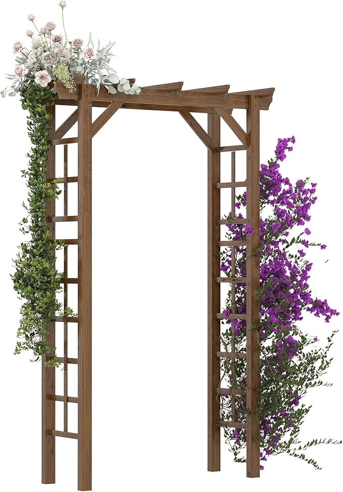 Outsunny 85" Wooden Garden Arbor for Wedding and Ceremony, Outdoor Garden Arch Trellis for Climbing Vines - Carbonized