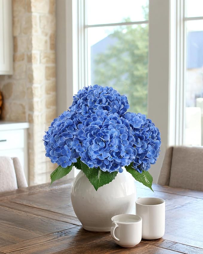 DuHouse 4Pcs Hydrangea Artificial Flowers,Latex Real Touch Hydrangeas with Long Stems & Leaves for Home Decor Party Floral Arrangements Wedding Bouquets Centerpieces(Dark Blue)