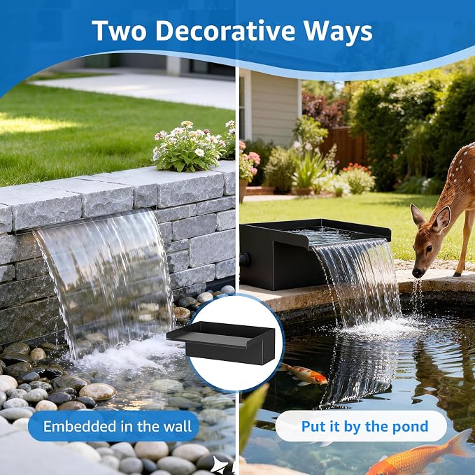 12" Pond Waterfall Kit, 660GPH Ultra Quiet Pump, 304 Stainless Steel Spillway, 9.8FT Freeze-Proof Tubing & 16.4FT Cord - Complete Water Feature Set for Garden, Koi Pond & Backyard Decor