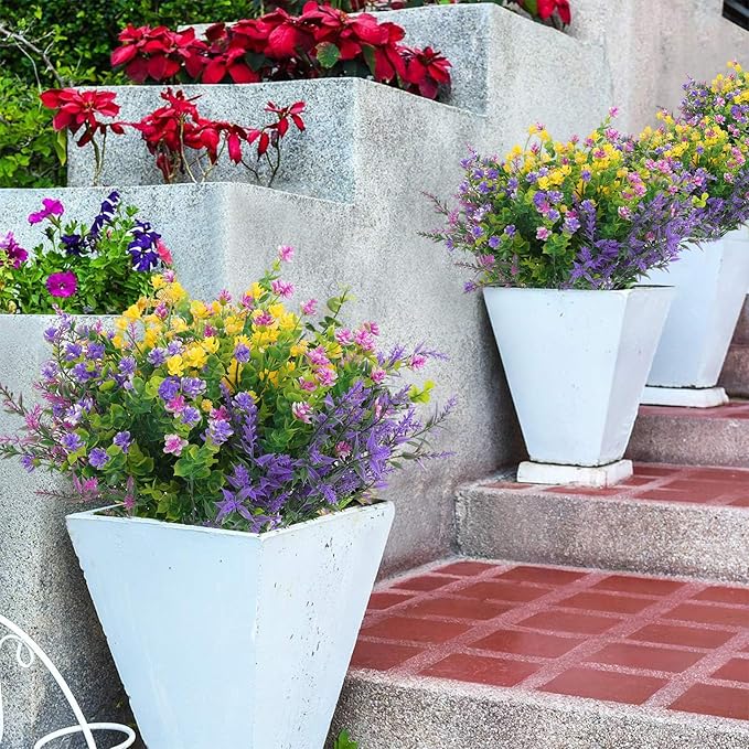 Hananona 48 Pcs Artificial Flowers Outdoor, Faux Artificial Plants UV Resistant Plastic Flower Bulk for Hanging Planter Porch Window Home Wedding Fall Summer Decor (48, Fuchsia, Purple, Yellow, Green)