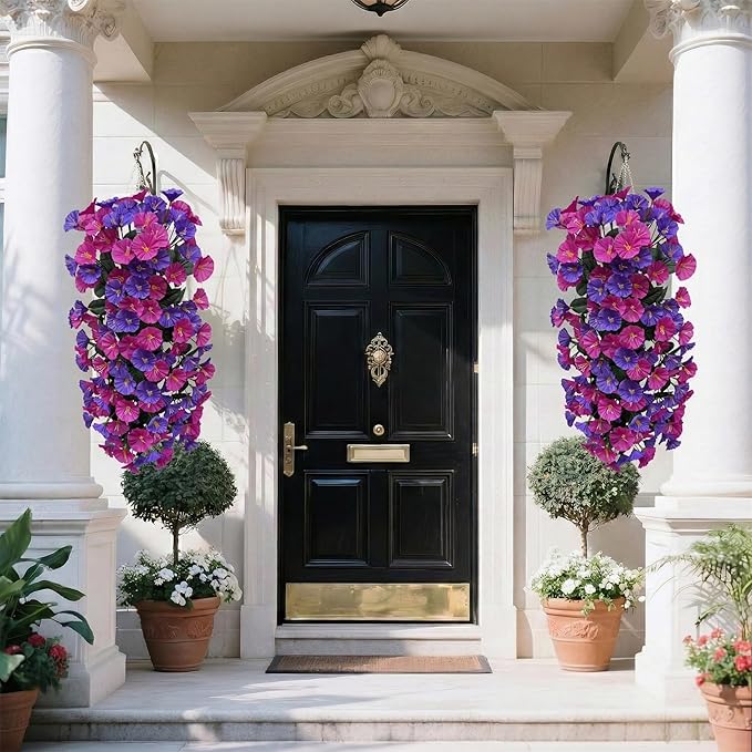Artificial Flowers for Outdoors Fake Fuchsia Purple Morning Glory Hanging Flower Decoration, 2Pcs Realistic Faux Plants Petunias Long Trailing Vines,Spring Decor for Porch Patio Balcony Planter Yard