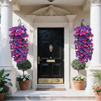 Artificial Flowers for Outdoors Fake Fuchsia Purple Morning Glory Hanging Flower Decoration, 2Pcs Realistic Faux Plants Petunias Long Trailing Vines,Spring Decor for Porch Patio Balcony Planter Yard