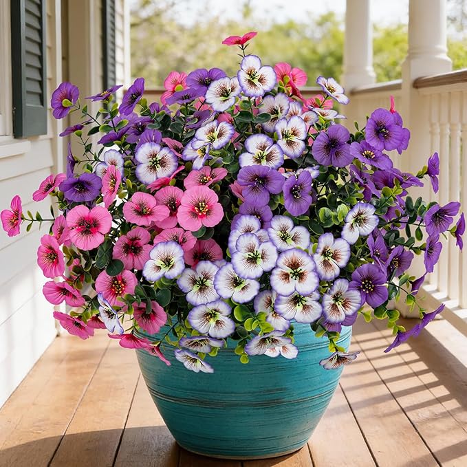 17 Inch Artificial Faux Pansy Flowers for Outdoor,Fake Pansies Flowers with Eucalyptus Leaves Fake Plants Greenery Boxwood Porch Patio Decor 6 Bundles(Light Purple,Pink,Light Purple White)