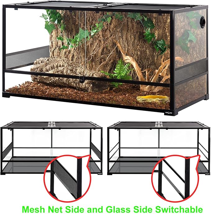 REPTIZOO Large Reptile Terrarium, Tall & 48 INCH Wide Reptile Tank with Sliding Door Top Screen Ventilation & Anti Escape Lid (48" W X 24" D X 24" H (Full Glass & Side Mesh Panel Switchable))