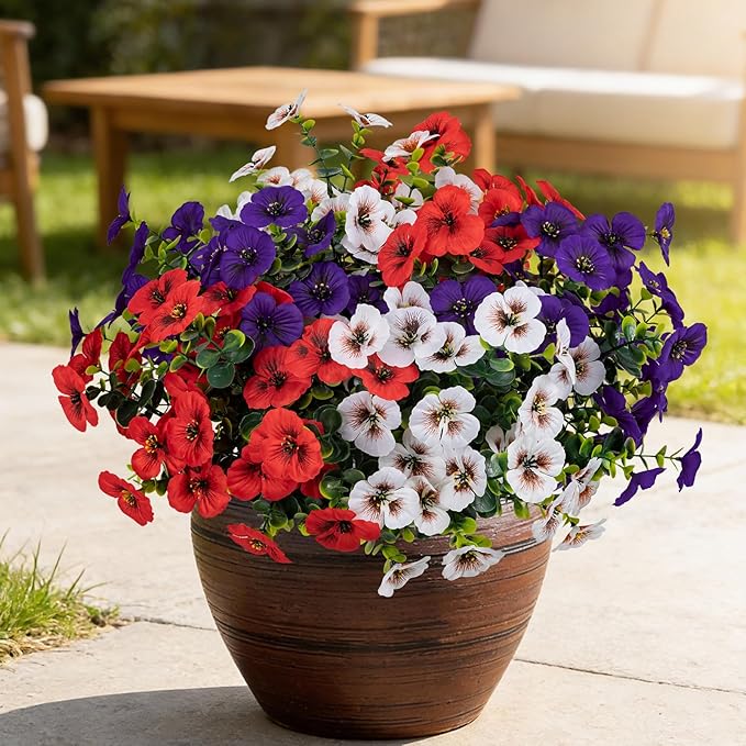 17 Inch Artificial Faux Pansy Flowers for Outdoor,Fake Pansies Flowers with Eucalyptus Leaves Fake Plants Greenery Boxwood Porch Patio Decor 6 Bundles(Dark Purple,Red,White)