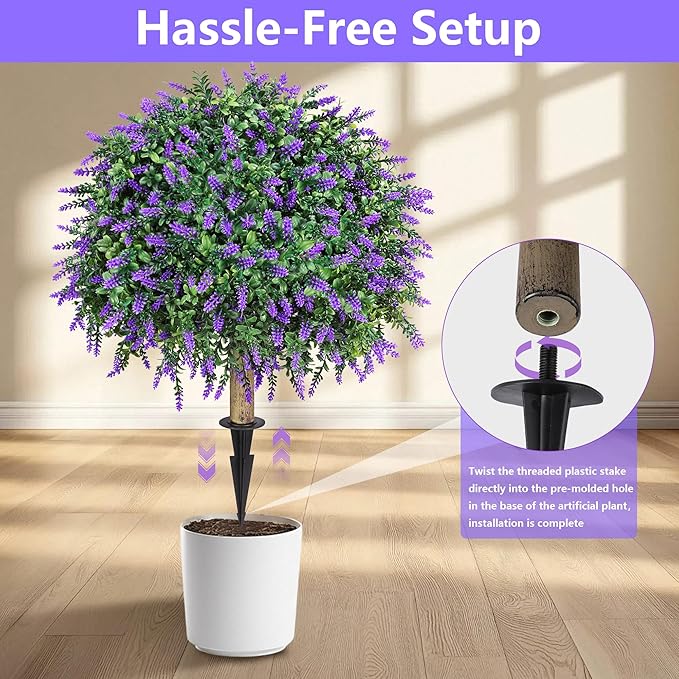 HyeFlora 2 Pack Artificial Topiary Boxwood Ball Trees with Lavender Fake Plants for Outdoor Indoor Artificial Shrubs with Ground Spike UV Resistant Fake Bushes for Front Porch Garden (Purple Lavender)