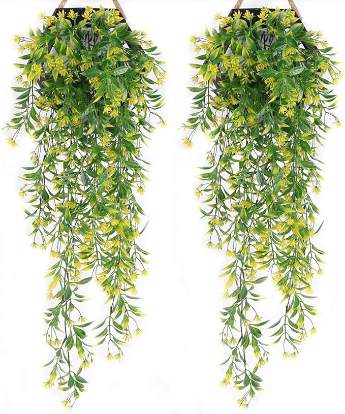 PASYOU Artificial Hanging Ivy, Vine Plastic Plants Grass Leaves Foliage Vines, UV Resistant Greenery Fake Flowers for Home Indoor Outdoor Garden Door Wall Wedding Party DIY Decoration - Yellow 4 Pack