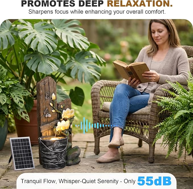 30.7" H Solar Water Fountain Outdoor Garden, Rustic Tiered Magnolia Flower & Bucket Waterfall with 4000mAh Battery Backup, Warm LED Lights & 5W Solar Panel for Patio, Porch, Backyard and Home Decor