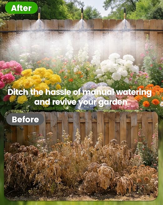 240FT Drip Irrigation System for Garden with 36 Nozzles –360° Adjustable Misting Nozzles, Quick-Connect Design, Ideal for Raised Beds, Lawns, Greenhouses & Outdoor Cooling