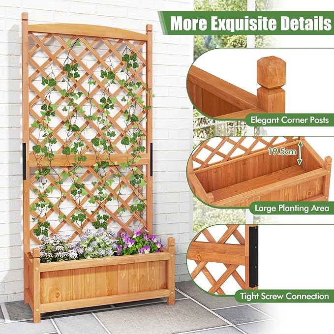 HAPPYGRILL Raised Garden Bed with Trellis, Large Planting Box w/Drainage Holes, 60” Wooden Garden Planter w/Diamond Lattice Trellis for Climbing Plants, Outdoor Planter Box for Patio (2, Orange)