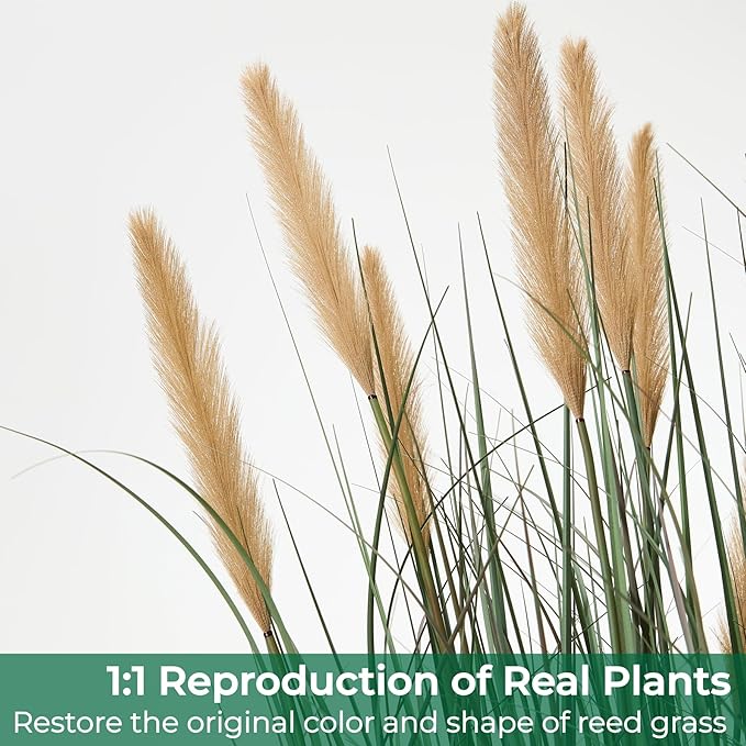 FloraFairy 4ft Onion Grass, Artificial Plant and Greenery, 48in Faux Horsetail Reed Grass with 10 Feathery Flower Heads, Potted Fake Floor Plants for Indoor Outdoor, House Decorative