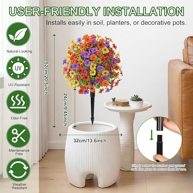 Alupssuc 2Pcs 20" Artificial Topiary Ball Flowers, Spring Outdoor Decoration with Spike, UV Resistant Faux Summer Plants, Faux Bushes Plants, Red Purple Yellow Orange for Garden, Porch Decor