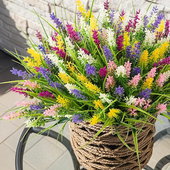 N&T NIETING 10 Bundles Artificial Plants Outdoor Fake Monkey Grass with Flowers Summer Plastic Faux Greenery for Pot Garden Verandah Decor Window Patio Hanging Planter Pathway Front Porch (Mix Color)