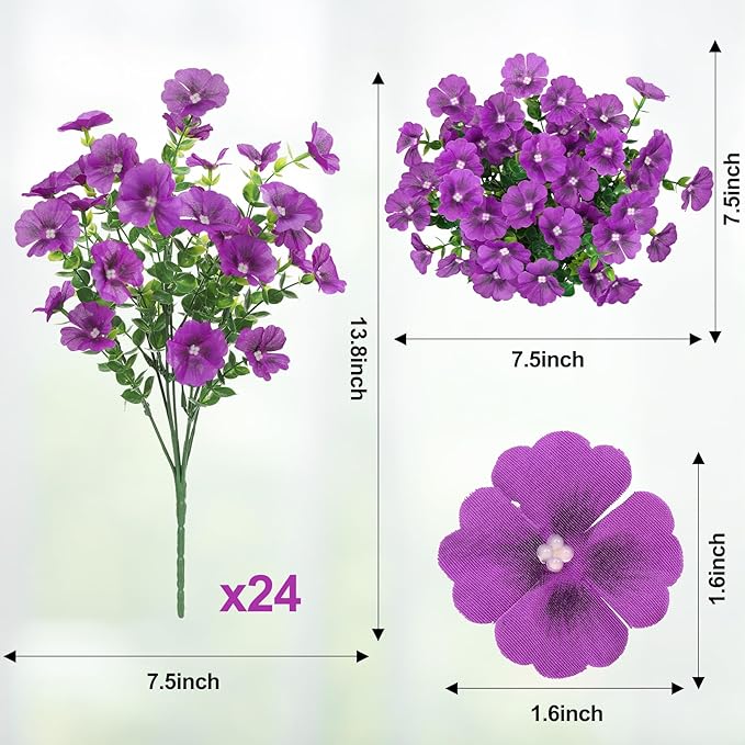 24 Bundles Artificial Flowers for Outdoors Fake Silk Flowers UV Resistant Faux Plants Eucalyptus for Spring Summer Decoration Planters Table Vase Garden Yard Porch Window Home Decor, Purple