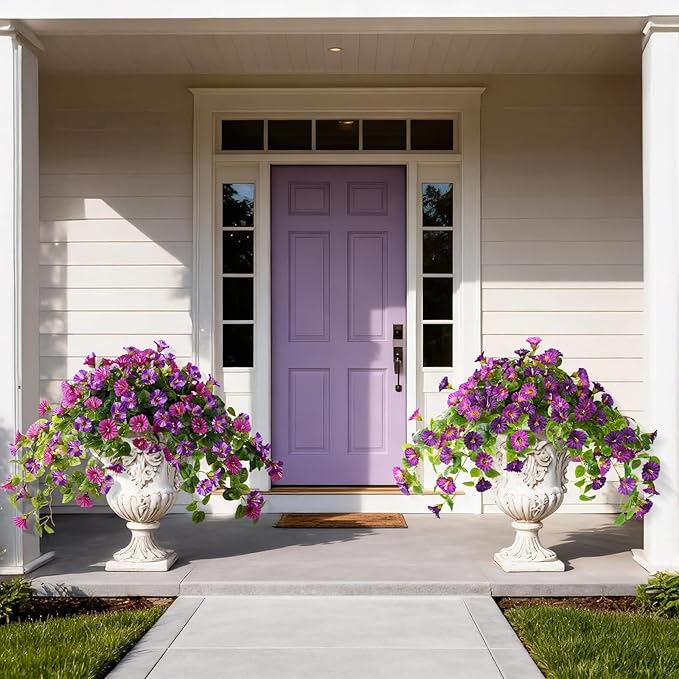 Homsunny Artificial Hanging Fake Flowers with Basket Plants for Outdoor Decoration, Faux Silk Flower UV Resistant Morning Glory for Home Porch Patio Garden Balcony Yard Look Real (Light Purple)