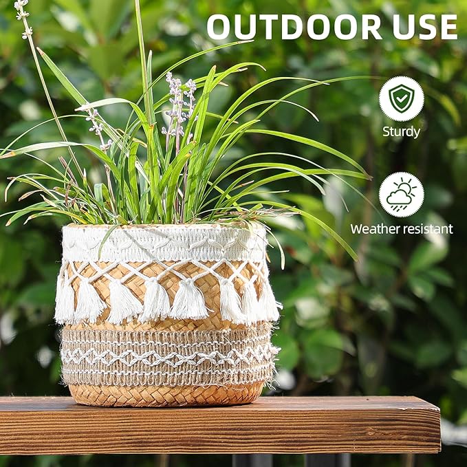 vomiceak Concrete Rattan-Style Plant Basket Planter, 5" Boho Plant Pots Indoor Outdoor with Drainage Hole, Flower Pot for Succulents, Herbs, Modern Farmhouse Decor, Ideal Gift for Plant Lovers