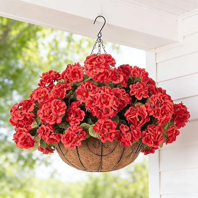INSPRING Geraniums Artificial Flowers Hanging Basket for Outdoors Outside Spring Decoration, 8 Bundles Silk Flowers Fake Plants Look Real UV Resistant for Porch Home Patio Balcony Yard, Red