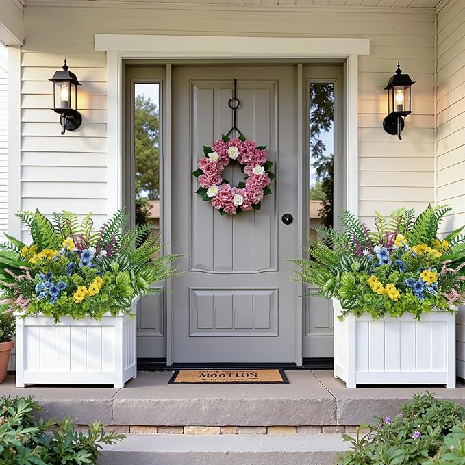 Alupssuc 48Pcs Artificial Flowers and Plants,UV Resistant & No Fade Fake Plastic Greenery Shrubs for Home Garden, Pathway, Front Porch-Spring Summer Decor, Indoor/Outdoor Use,Pink Purple Yellow Blue