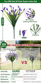 TURNMEON 20 Bundles Calla Lily (400 Heads) Artificial Flowers for Outdoors, Fake Plants UV Resistant Faux Plastic Fake Flowers for Indoor Planter Home Porch Yard Spring Summer Cemetery Decor(Purple)