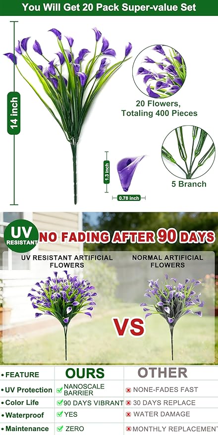 TURNMEON 20 Bundles Calla Lily (400 Heads) Artificial Flowers for Outdoors, Fake Plants UV Resistant Faux Plastic Fake Flowers for Indoor Planter Home Porch Yard Spring Summer Cemetery Decor(Purple)
