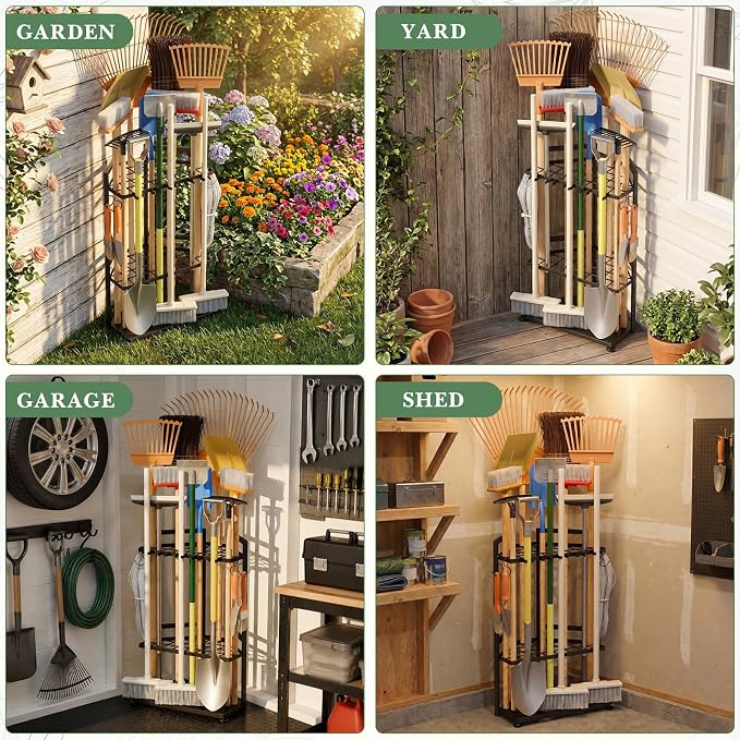 Faesun Garden Tool Organizer for Garage, Heavy Duty Garden Tool Storage Organizer with Secure Slots & Hooks, Freestanding Long Handle Tool Rack for Shovels, Rakes, Brooms, Garage, Shed & Yard