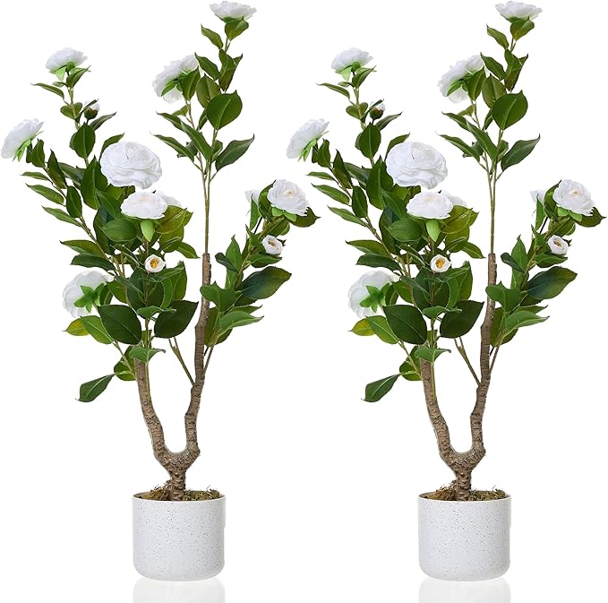 Garvee 3FT Artificial Camellia Tree 2 Pack, Faux Camellia Plant with White Planter and 16 White Flowers, 36" Fake Potted Flower Trees for Home and Office Decor