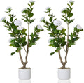Garvee 3FT Artificial Camellia Tree 2 Pack, Faux Camellia Plant with White Planter and 16 White Flowers, 36" Fake Potted Flower Trees for Home and Office Decor